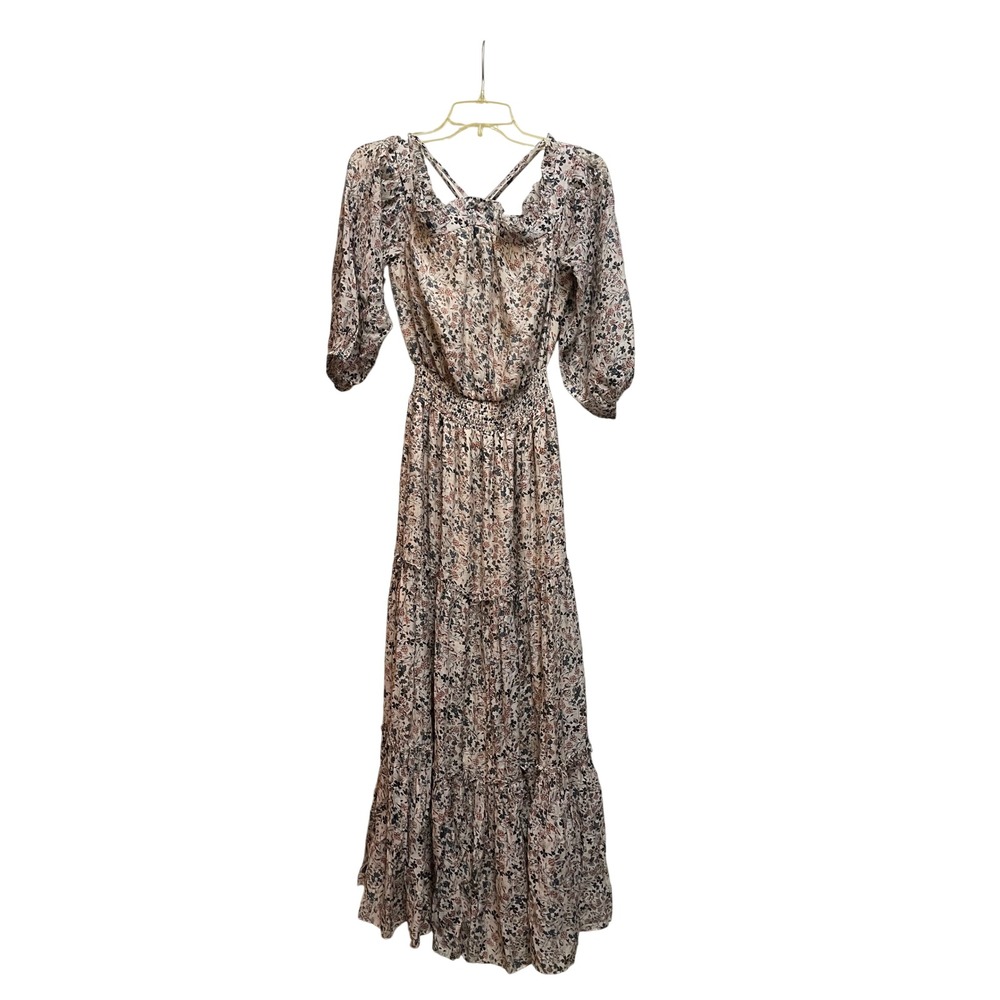 1.STATE Womens Floral Smocked Waist Tiered Maxi Dress Small Boho Puff Sleeve